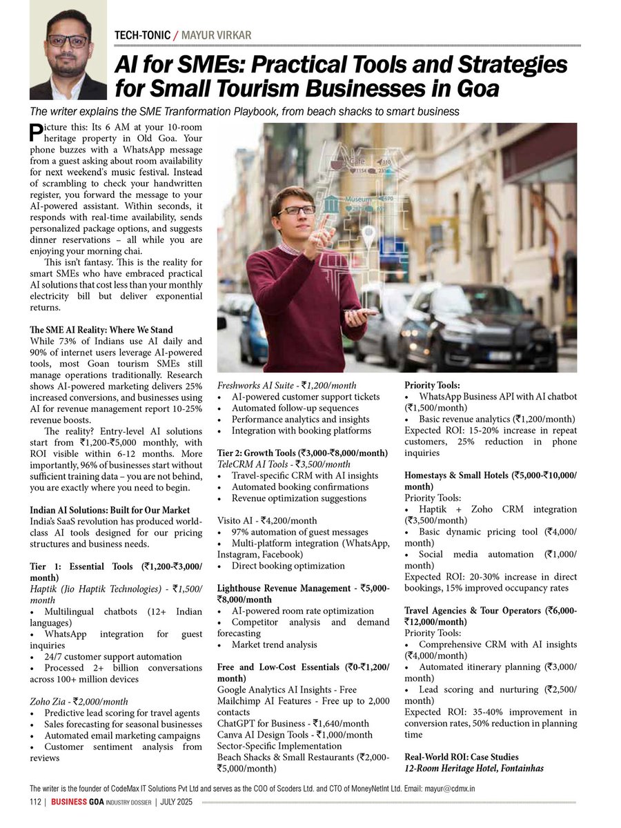 mayurvirkar's tweet photo. Featured in Business Goa (July 2025) 
Wrote about AI tools &amp; strategies that can help small tourism businesses in Goa do more with less.
From local insights to booking automation, practical, not preachy.

Check it out - https://t.co/LPYnAdracc

#AIforTourism #BusinessGoa https://t.co/GJfyl5Uug9