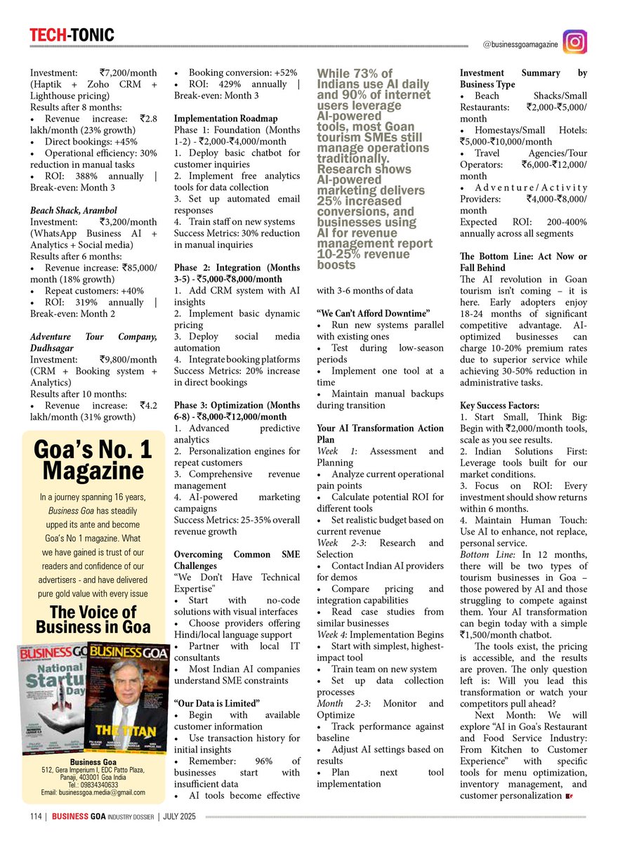 Featured in Business Goa (July 2025) 
Wrote about AI tools &amp; strategies that can help small tourism businesses in Goa do more with less.
From local insights to booking automation, practical, not preachy.

Check it out - businessgoa.in/business-goa-m…

#AIforTourism #BusinessGoa
