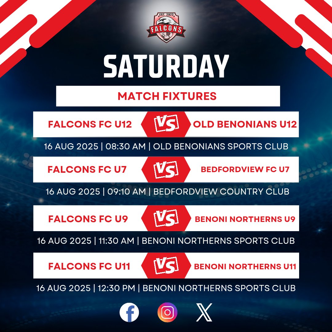 FalconsSC's tweet photo. Get ready for an action-packed Saturday!🔥

Our teams are taking to the field for a series of exciting matches!

Come out and support our young Falcons as they take on their opponents! Let's show them our team spirit and cheer them on to victory!

#FalconsSC #YouthFootball https://t.co/NCKgNj3xr3