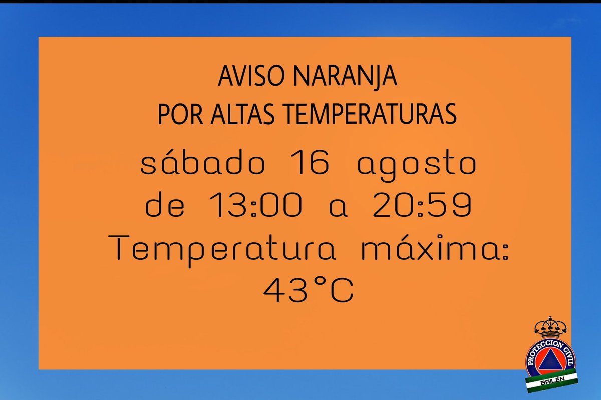 Protección Civil Bailén (@pcivilbailen) on Twitter photo ⚠️ 🟠 Aviso naranja de <a href="/AEMET_Esp/">AEMET</a> por altas temperaturas para hoy, sábado 16 de agosto en Bailén desde las 13:00h hasta las 20:59h
🌡Temperatura máxima: 43°C 
ℹ️ Más información en:
👇
aemet.es/es/eltiempo/pr… ⚠️ 🟠 Aviso naranja de <a href="/AEMET_Esp/">AEMET</a> por altas temperaturas para hoy, sábado 16 de agosto en Bailén desde las 13:00h hasta las 20:59h
🌡Temperatura máxima: 43°C 
ℹ️ Más información en:
👇
aemet.es/es/eltiempo/pr…