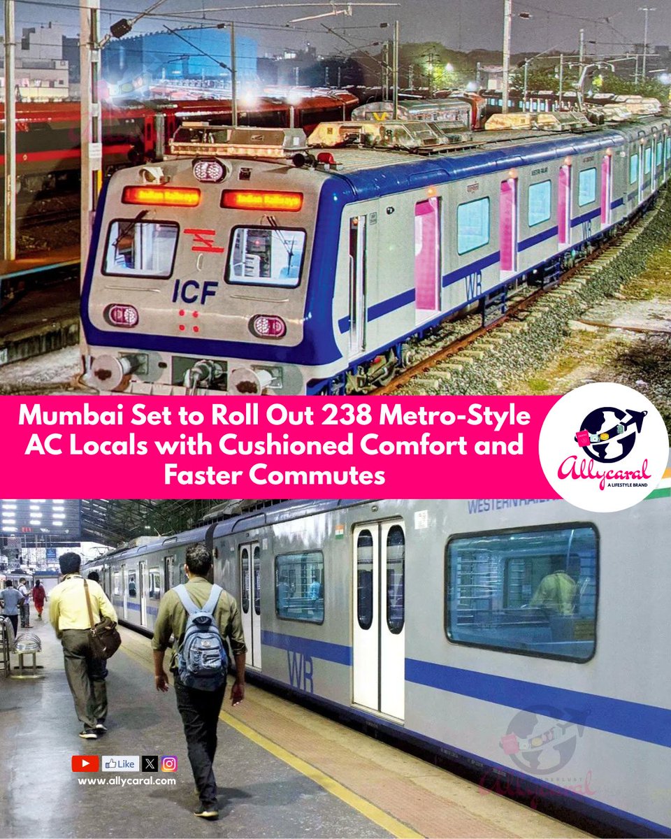 allycaralgoa's tweet image. 🚆 Cushioned seats, infotainment &amp;amp; 130 kmph speed!
 Mumbai to get 238 new metro-style AC local trains in 3 years under MUTP-3 &amp;amp; 3A.
 No fare hikes promised.

 Details on: allycaral.com/2025/08/16/mum…

 #MumbaiLocal #ACLocals #MRVC #UrbanTransport #DevendraFadnavis