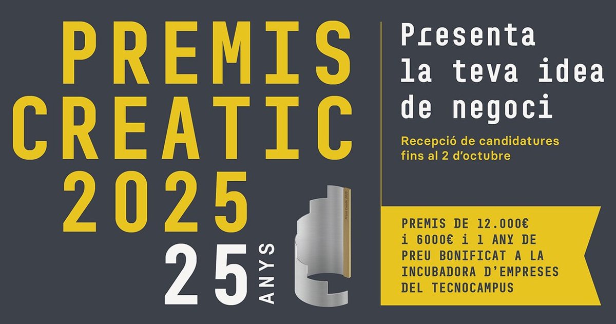 📣 Convocatòria Premis Creatic a les millors iniciatives empresarials en l'àmbit de la tecnologia i la innovació

📌 Una oportunitat per als millors projectes amb suport financer, logístic i d’acceleració

📆 Presentació de candidatures fins al 2/10

+info ow.ly/SZ5M50WyxiX