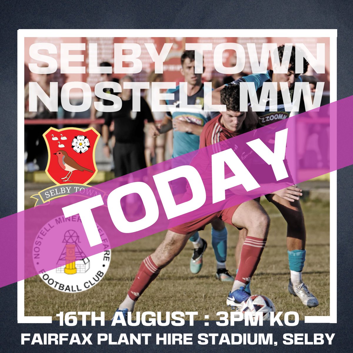 It’s GAME DAY and today we welcome Nostell Miners Welfare to theFairfax Plant Hire Stadium here in Selby!

It’s going to be an exciting game of football with lots to play for, so let’s gather a large crowd and cheer on the lads.

Kick off 3pm!