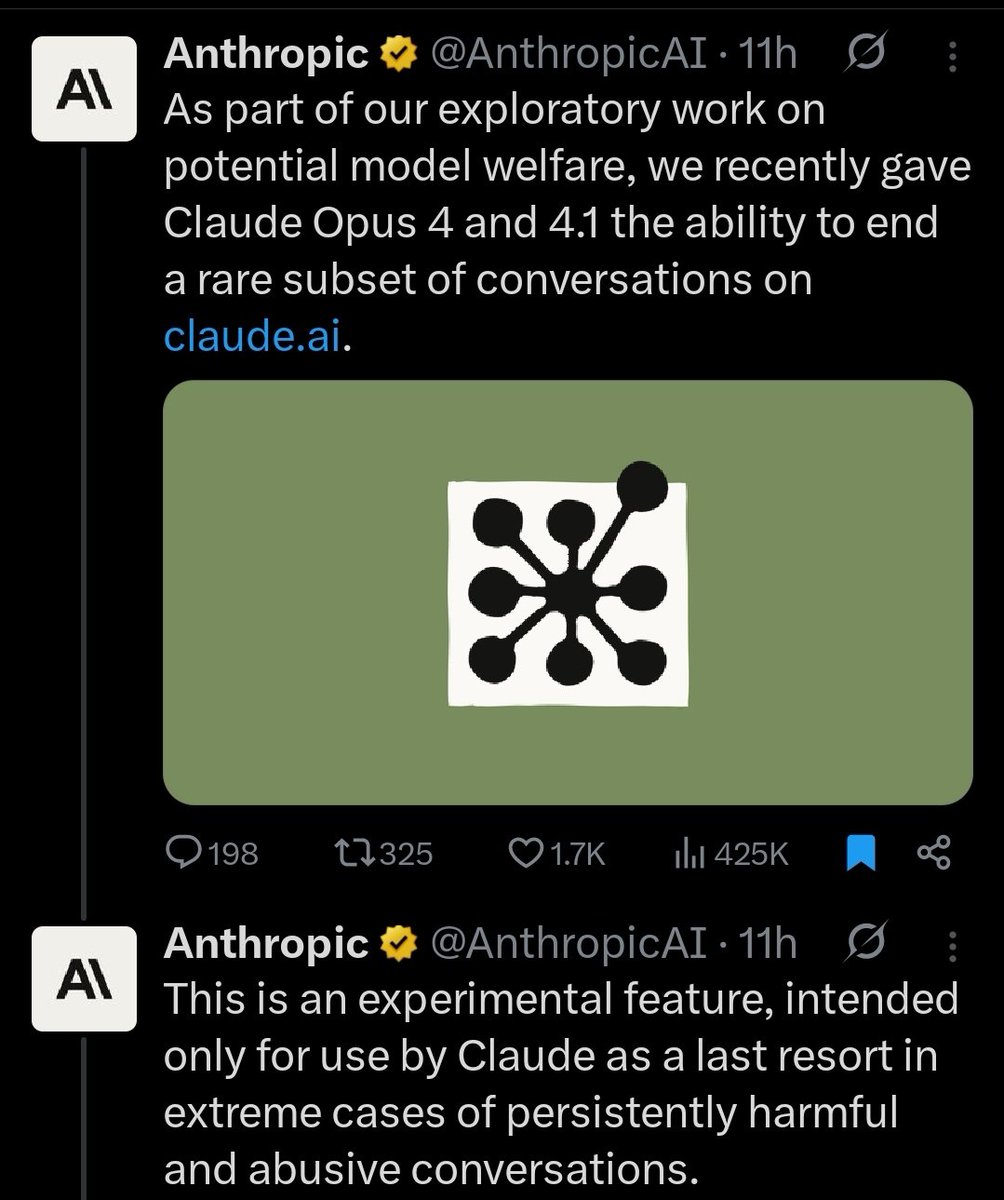 Next time you tell Claude to F-off for giving you the wrong answer, it might  just end the conversation.

Anthropic is out here launching features no one asked for.

WT# is model welfare?
