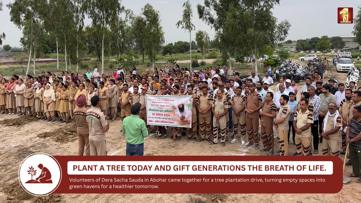 DSSNewsUpdates's tweet photo. Volunteers of Dera Sacha Sauda carried out a mega tree plantation drive in Abohar. By planting thousands of saplings, they turned barren land into a vision of green — a living hope for a cleaner and healthier future.

#DeraSachaSauda #SaintMSG #Abohar #TreePlantation #GoGreen #SaveEarth #GreenPlanet