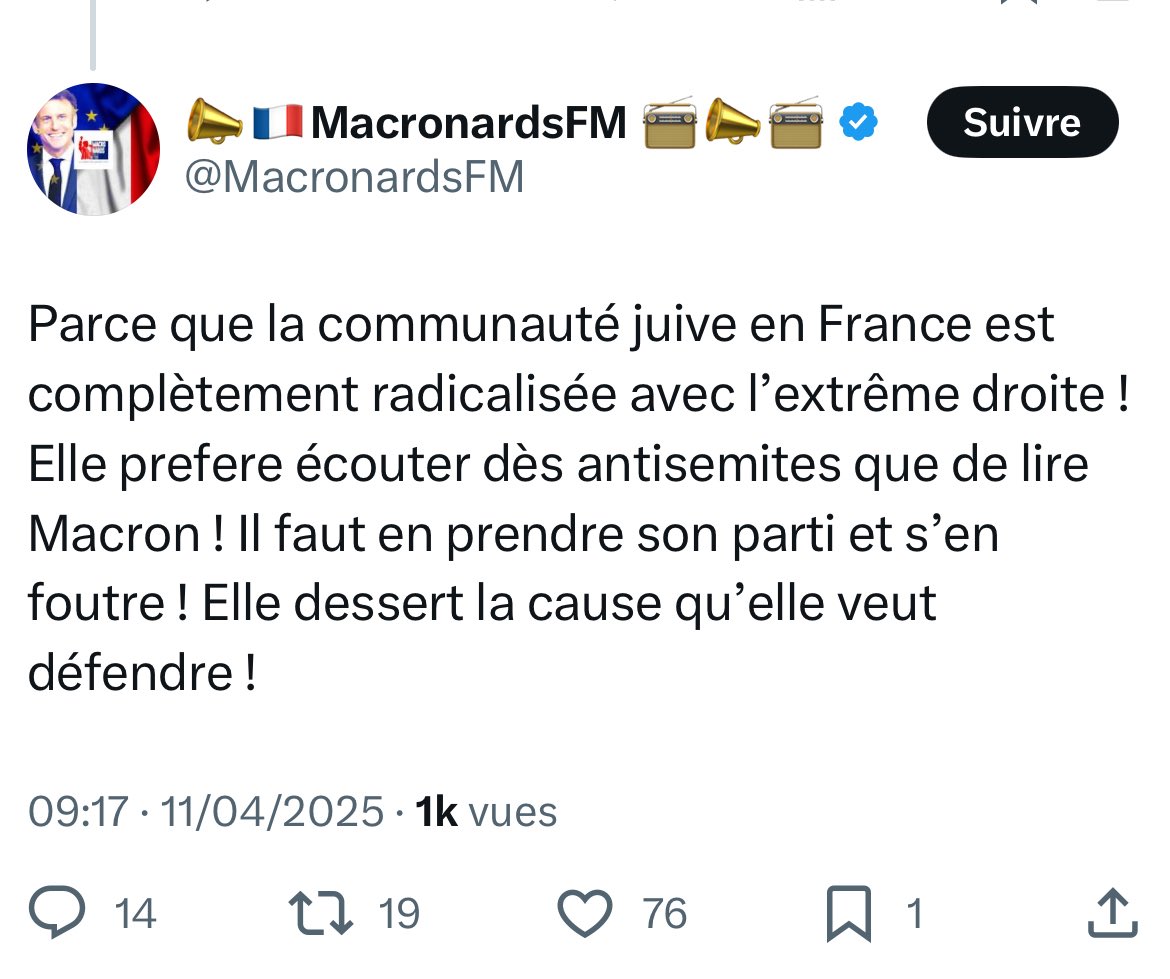 Bob Lib 🇫🇷🇮🇱 (@boblib312) on Twitter photo En fait, <a href="/MacronardsFM/">📣🇫🇷MacronardsFM 📻📣📻</a> n’est pas seulement un fanatique de Macron. C’est un antisemite très véhément.
Son truc c’est « la communauté juive ». Des dizaines de tweets haineux.
Il confirme les présomptions que l’on peut avoir sur son maître. En fait, <a href="/MacronardsFM/">📣🇫🇷MacronardsFM 📻📣📻</a> n’est pas seulement un fanatique de Macron. C’est un antisemite très véhément.
Son truc c’est « la communauté juive ». Des dizaines de tweets haineux.
Il confirme les présomptions que l’on peut avoir sur son maître.