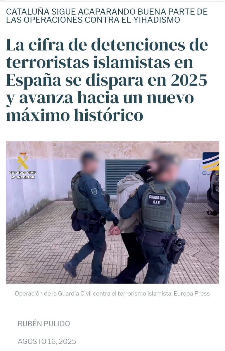 🔴La inmigración ilegal y descontrolada hace que aumenten en un 179% las detenciones de yihadistas en España.

Urge blindar nuestras fronteras, aplicar deportaciones y derogar cualquier medida que aliente la entrada ilegal a nuestro país.
#FronterasSeguras
gaceta.es/espana/la-cifr…