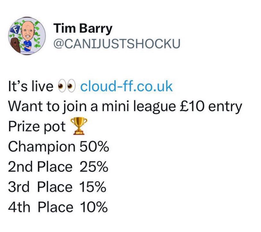CANIJUSTSHOCKU's tweet image. My cloud-ff.co.uk cash league is now closed. 
1st   £555

2nd £277.50

3rd  £166.50

4th  £111

Thanks for entering and supporting this great fantasy game. 

A special thanks to @OfficialCloudFF &amp;amp; @FFStuff3 💙💙 Cheers Ian &amp;amp; Mike