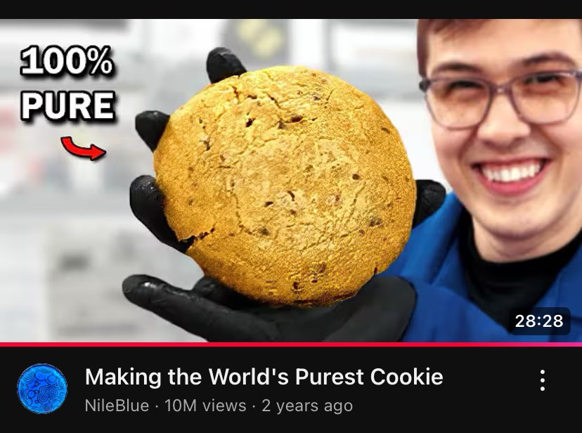 everything about this video is great. he makes a cookie using like NIST reference standard flour and chocolate and molecular biology grade sucrose and it ends up just tasting like nothing. he’d also never made cookies before this so it’s like watching a space alien learn to bake