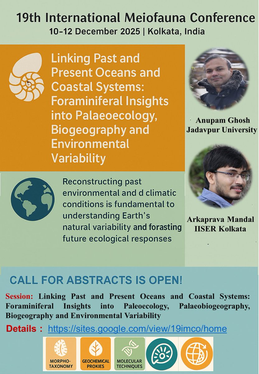 🌊 Exciting updates from #19IMCO (10–12 Dec 2025, Kolkata)!
Plenary speakers include Daniela Zeppilli, Fabrizio Frontalini &amp; more 🌍
Join our special session on Foraminifera: Palaeoecology, Biogeography &amp; Environmental Variability 🐚
👉 sites.google.com/view/19imco/ho…