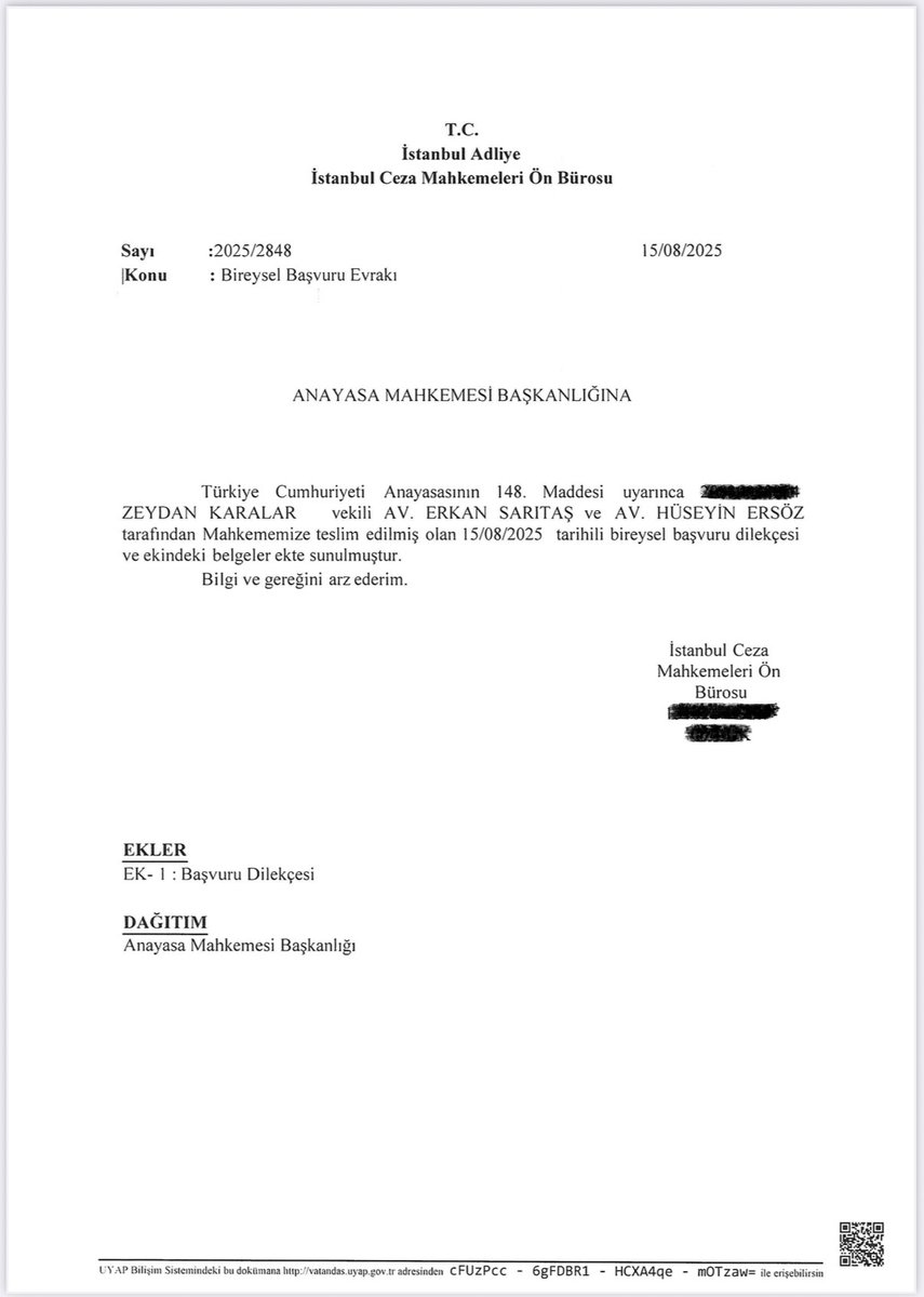 Adana Büyükşehir Belediye Başkanı Zeydan Karalar (<a href="/ZeydanKaralar01/">Zeydan Karalar</a>) adına Anayasa Mahkemesi'ne Bireysel Başvuru yaptık.

Başvuruda, gözaltı ve tutuklama kararlarının Özgürlük Hakkı ihlali oluşturması yanında; Zeydan Karalar hakkındaki soruşturmada İstanbul Cumhuriyet