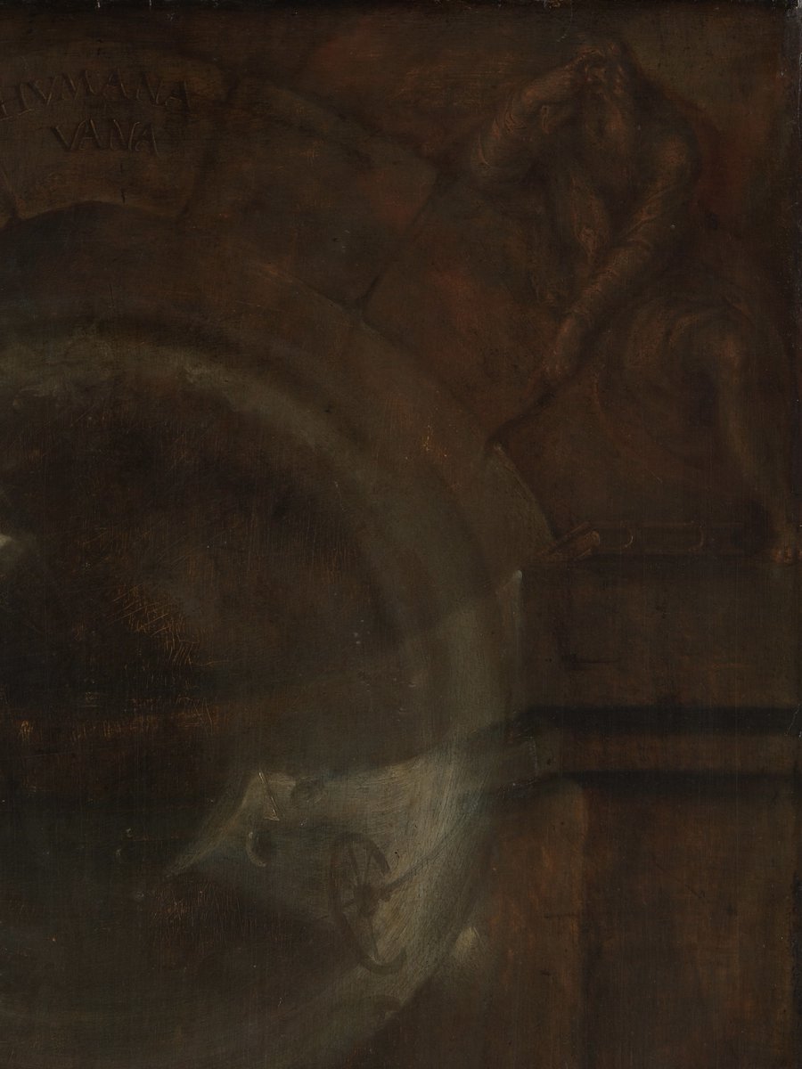 Considered the earliest independent still life to focus on the theme of vanitas—a reminder that life is short—this painting is full of symbols of fleeting time: a skull, a delicate bubble, fading flowers, and a smoking urn.

Look closer at the bubble and you’ll see haunting