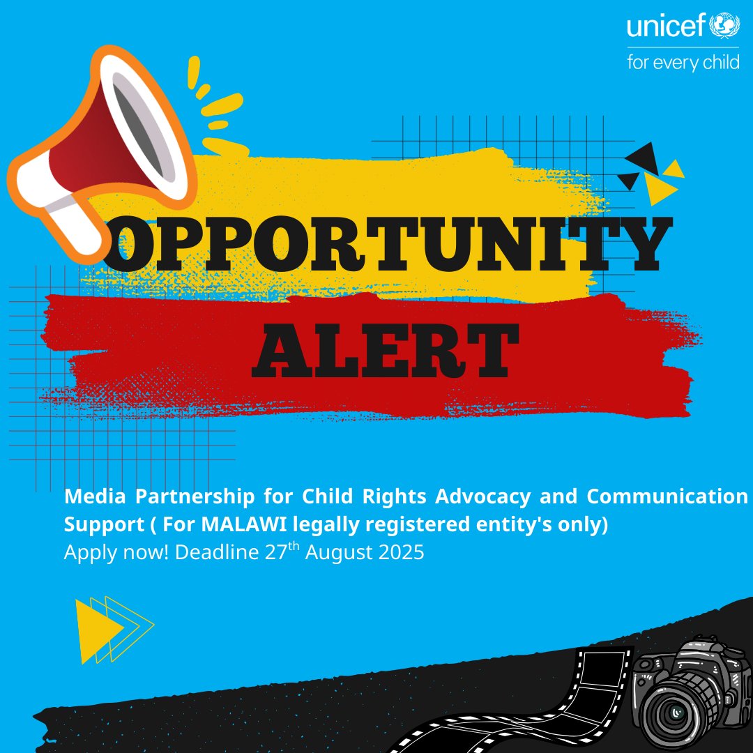 🚨 Calling media orgs in Malawi!
<a href="/UNICEFMalawi/">UNICEF Malawi</a> seeks partners with expertise in 📢 strategic communications, 🎥 media production &amp; 💬 public engagement. Join our mission to advance child rights.
🗓️ Deadline: 27 Aug 2025
Apply now:ungm.org/Public/Notice/…

#ForEveryChild