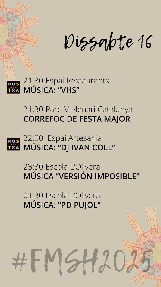 Bon dia #Cabrils!

Encarem el segon dia de festa major amb canvis per l'onada de calor. 🥵 El concert suau d'aquesta tarda passa del Parc Anselm Clavé a dins del Centre Cívic. 🧋

#FMSH2025
