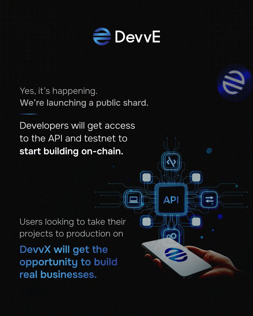 DevveEcosystem's tweet image. Yes, it’s happening. We’re launching a public shard.

Developers will get access to the API and testnet to start building on-chain.

Users looking to take their projects to production on DevvX will get the opportunity to build real businesses.