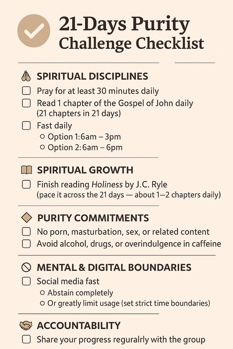 The Purity Challenge 2.0 begins on September 1st via <a href="/ThePrayerSurge/">Prayer Surge</a>.

This is a 21-day journey of complete immersion in the things of God through fasting, daily prayers, and study.

We’ll be:
Reading the Gospel of John
Studying Holiness by J.C. Ryle
Gathering for weekly