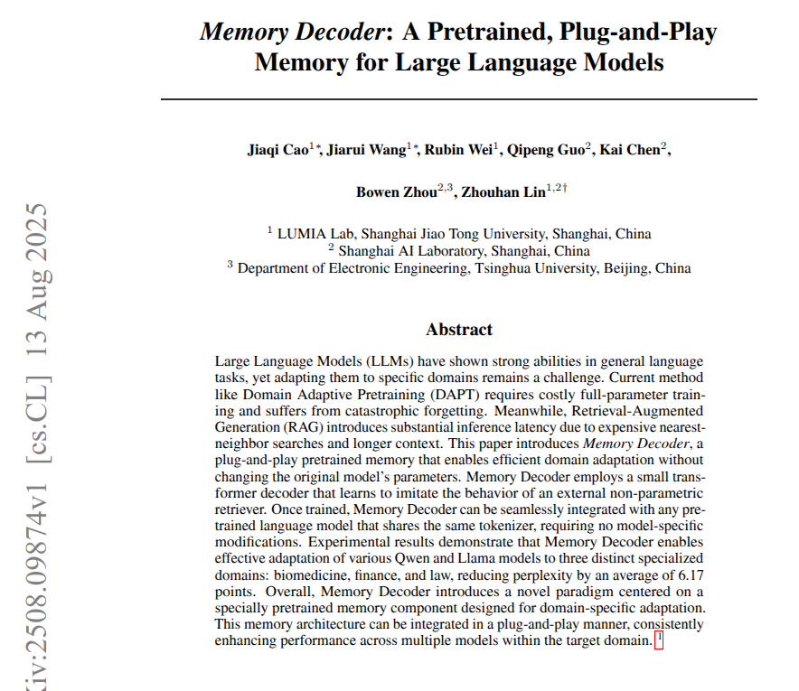 A tiny plug-in memory lets frozen LLMs adapt to domains quickly, with low cost and no retriever.

Memory Decoder is a small transformer that learns the behavior of a retriever, then plugs into any base model that shares the tokenizer. It does not touch the base weights. At