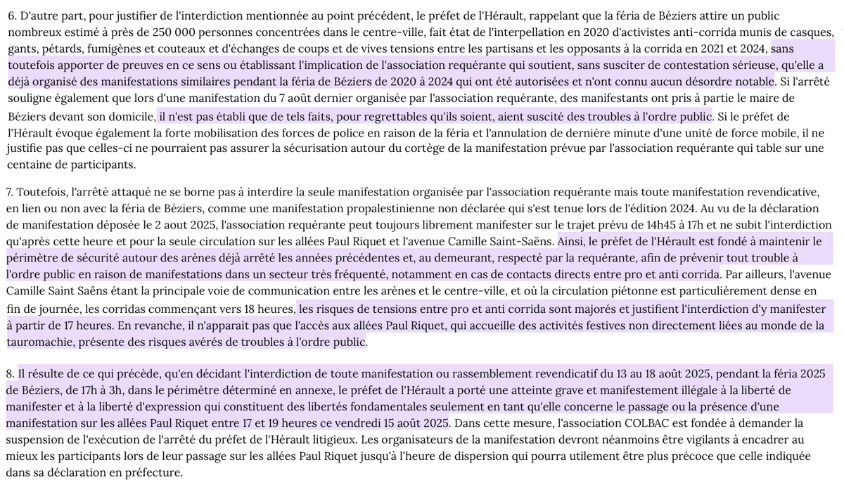 Liberté de manifestation : En référé, l'interdiction par le <a href="/Prefet34/">Préfet de l'Hérault 🇫🇷</a> de « toute manifestation revendicative » durant la féria de Béziers est partiellement suspendue.

En particulier car cela empêchait toute manifestation des personnes hostiles à « la cruauté des corridas ».