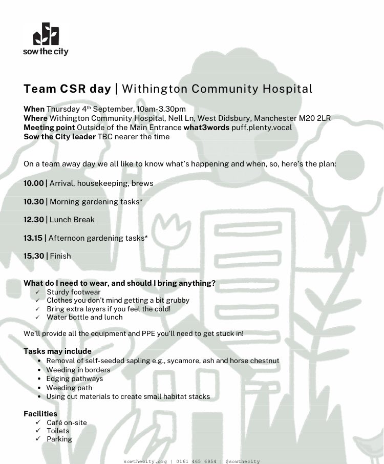 Tuesday 4 Sept a chance to help tidy up Withington Hospital gardens. Details below: