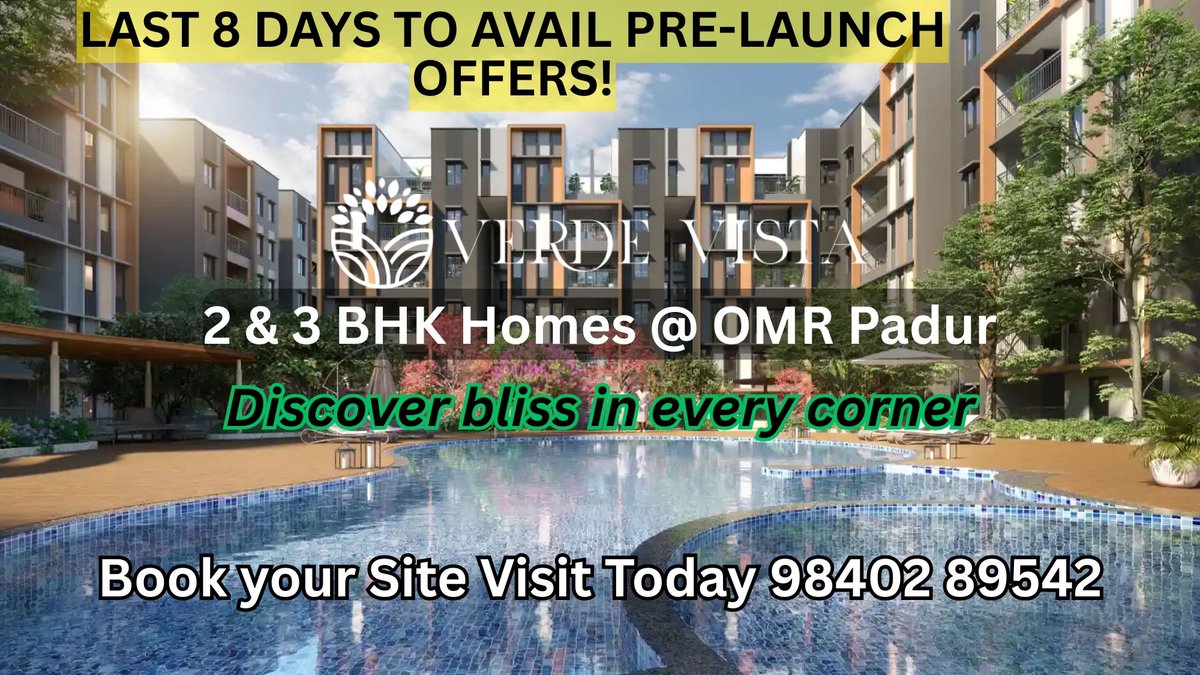 jayamalways86's tweet image. 🌿 Verde Vista – Where Life Finds Its Rhythm
⏳LAST 8 DAYS to unlock Pre-Launch Offers!
🏠2 &amp;amp; 3 BHK Homes
📍OMR (Padur), Chennai
✨38 World-Class Amenities
📞Call 98402 89542 &amp;amp; Book Your Site Visit Today!
📌 RERA No TN/35/Building/0044/2025
#VerdeVista #PreLaunchOffer #2BHK #3BHK