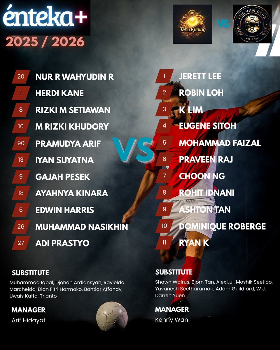MATCH GW 1 of Enteka+ 2025 / 2026 🥁🥁🥁

Tahu Kuning Kediri by <a href="/MbahArif81/">arif hidayat</a>  VS  Singapore 4AM Club by <a href="/kennykeegan/">FPLKen</a> 

It will be a fierce and exciting opening match, but still fairplay 🔥🔥🔥

<a href="/podopedia/">podopedia</a> <a href="/iwansalimm/">iwan</a>