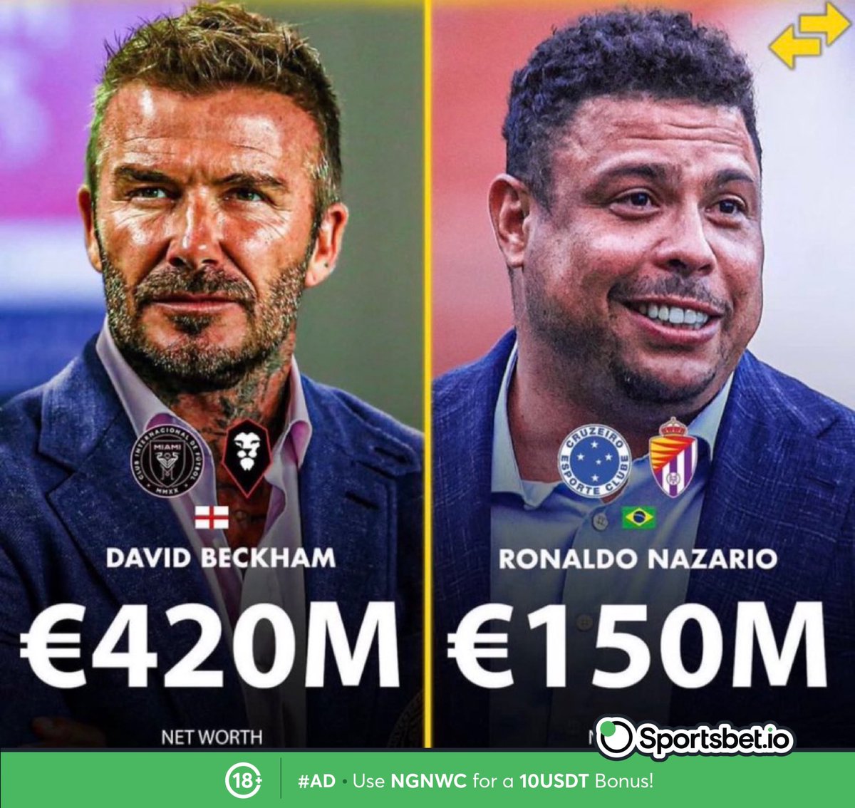 A thread of footballers that are now club owners and their net worth. 🪡 

1. David Beckham and Ronaldo Nazario
