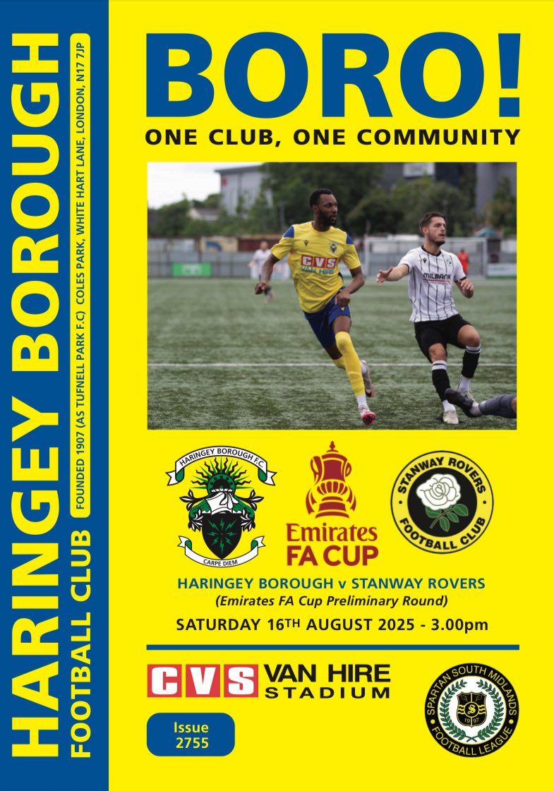 The programme for today’s <a href="/EmiratesFACup/">Emirates FA Cup</a> game between <a href="/HaringeyBoroFC/">Haringey Borough</a> and <a href="/StanwayRovers/">Stanway Rovers FC</a> is at the link below.

haringeyboroughfc.net/wp-content/upl…
 
Love the FA Cup ❤️

1 round down, 13 more to go🏆 

🔷Secretary’s musings

🔷Round up of all our teams

🔷Past encounters

#WeAreHaringey 💛💙