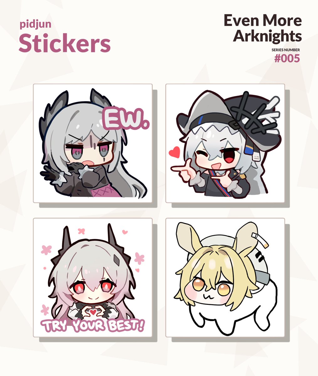 Small miniset of Arknights stickers that I made for upcoming AnimeNYC 2025
 
I had them all mocked up for a while, so I'm excited I was able to get them out. I hope you guys enjoy!