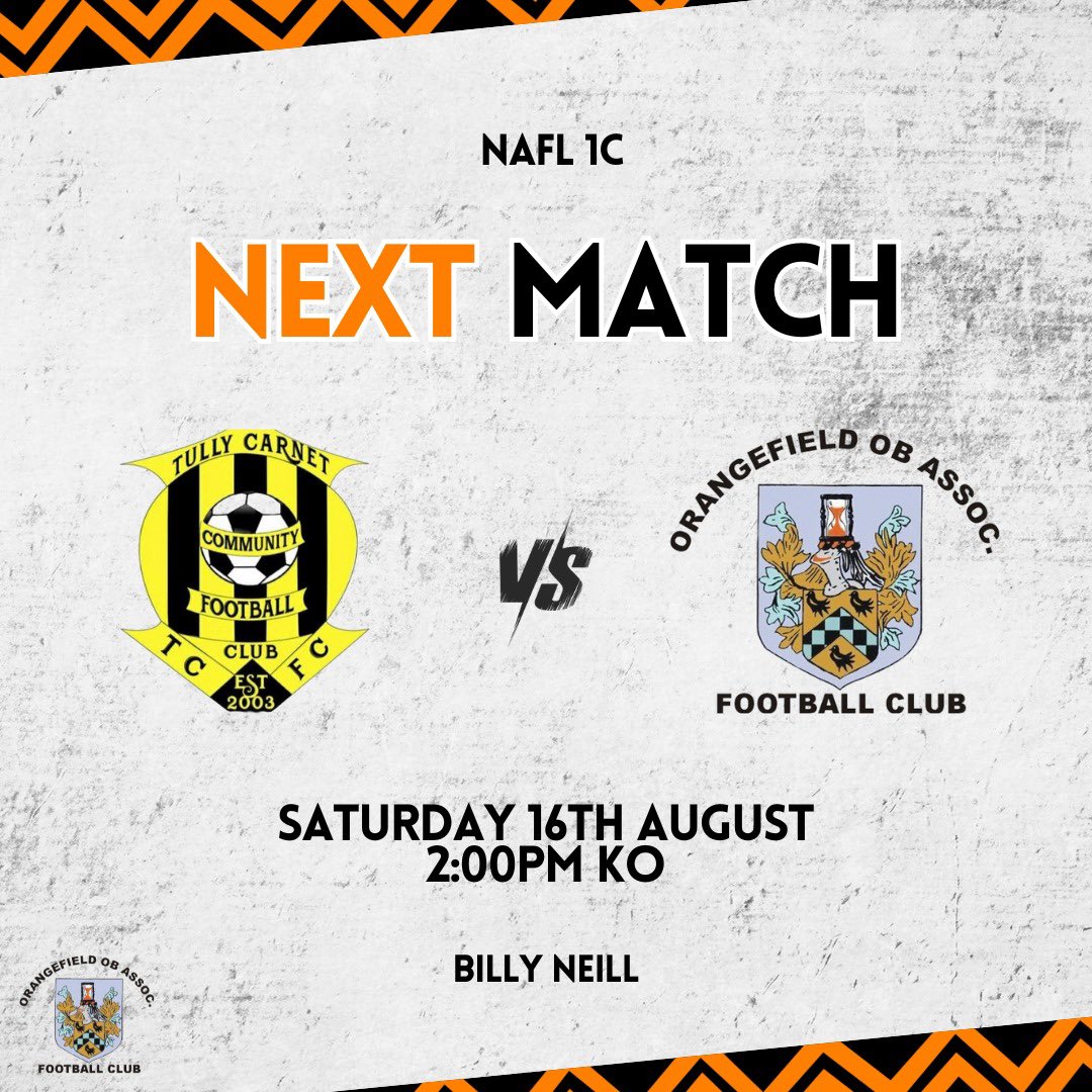 𝙈𝘼𝙏𝘾𝙃𝘿𝘼𝙔 🍊⚽️

NAFL 1C
🆚 Tullycarnet
📍 Billy Neill 
⏰ 2PM KO

Get down and show your support - up the O’s! 🍊🧡