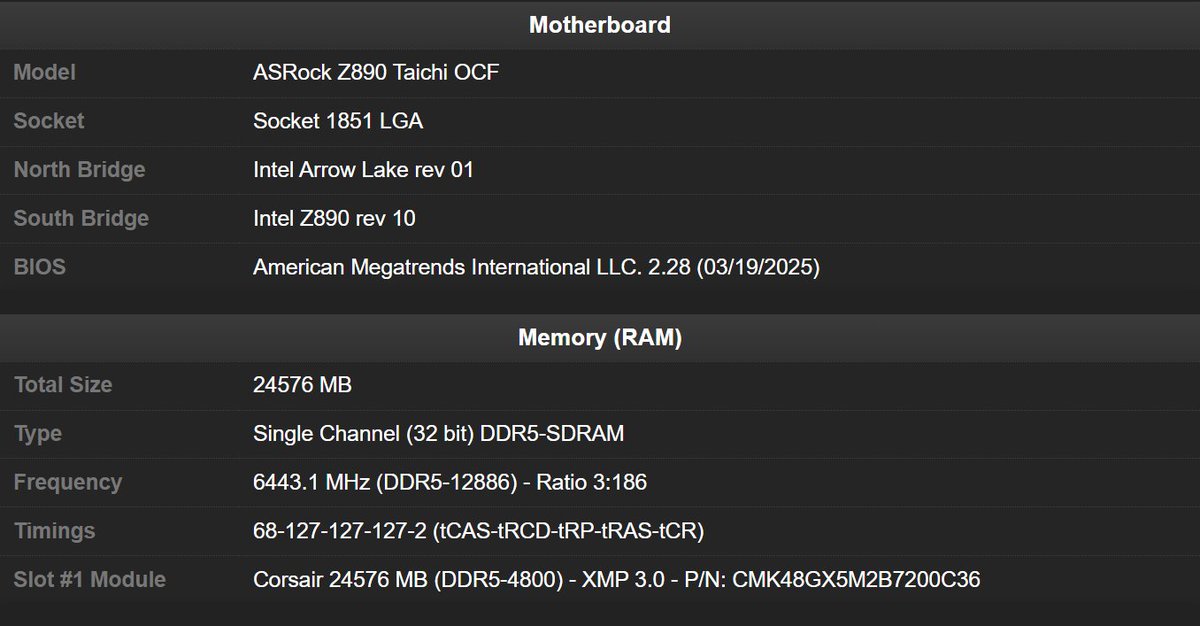 New Memory Overclocking World Record!

6443.1 MHz by Saltycroissant 🇨🇦 using <a href="/intel/">Intel</a> Arrow Lake, <a href="/ASRockInfo/">ASRock</a> Z890 Taichi, and <a href="/CORSAIR/">CORSAIR</a> Vengeance DDR5.

Chart: skatterbencher.com/memory-overclo…
Details: hwbot.org/benchmarks/mem…
Validation: valid.x86.fr/y8q947