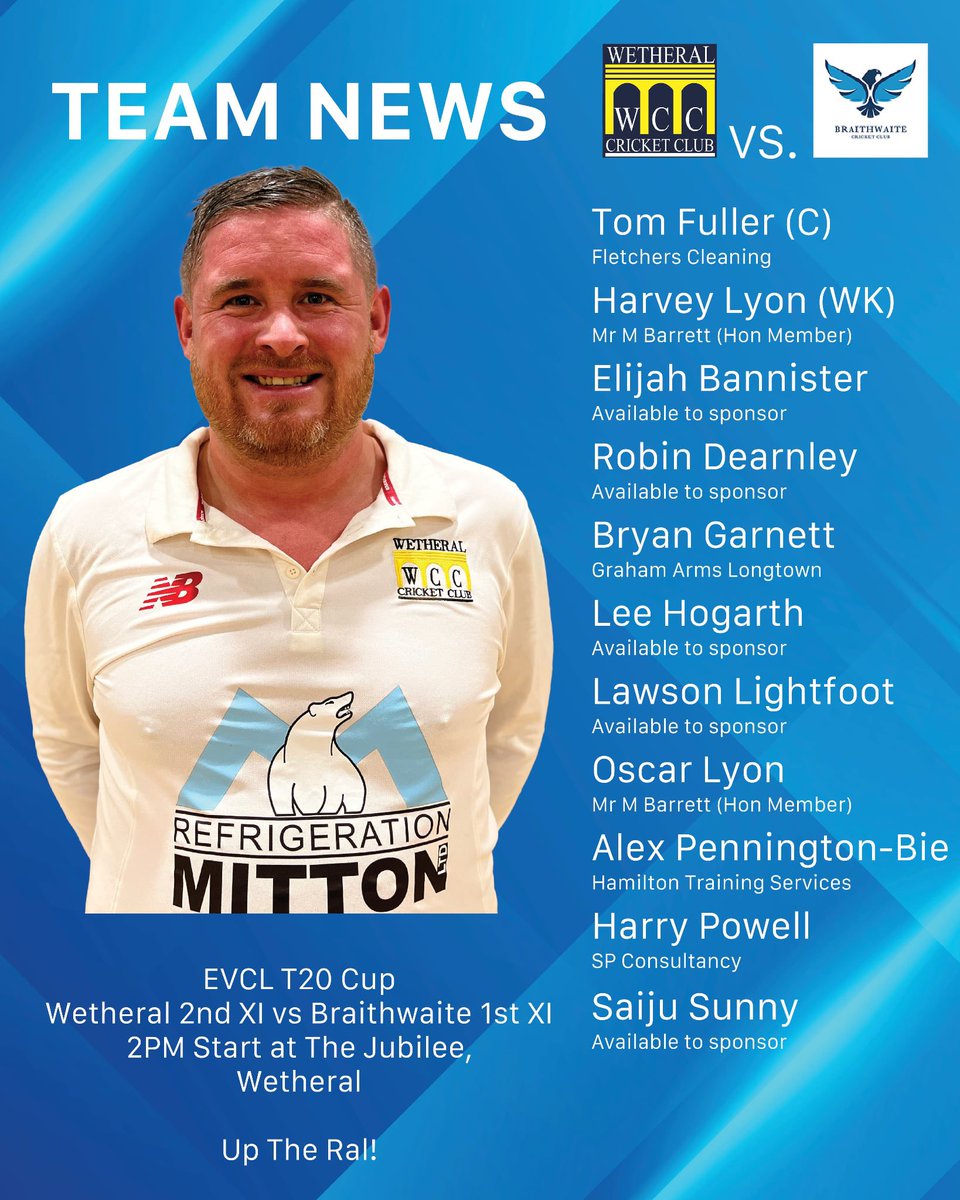 Our teams for today’s games. 

The 1st team are down at Edenside facing Carlisle 2s whilst the 2s face Braithwaite at the Jubilee. 

Up the Ral! 🧙‍♂️