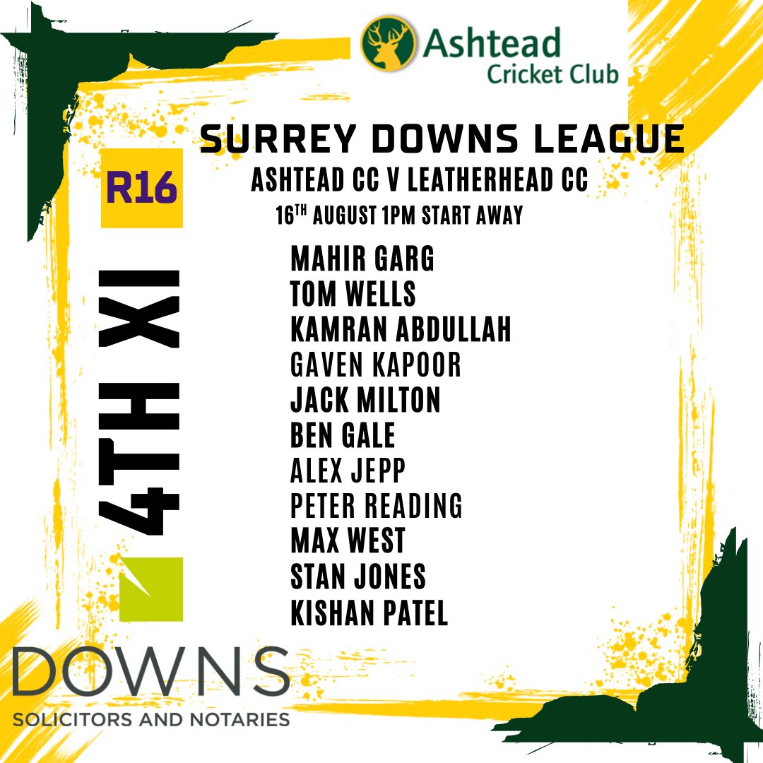 Ashtead Cricket Club (@ashteadcc) on Twitter photo Team sheets for Saturday’s league fixtures - Good luck to all 🏏👏Thx to kit sponsor <a href="/DownsSolicitors/">Downs Solicitors LLP</a> Team sheets for Saturday’s league fixtures - Good luck to all 🏏👏Thx to kit sponsor <a href="/DownsSolicitors/">Downs Solicitors LLP</a>