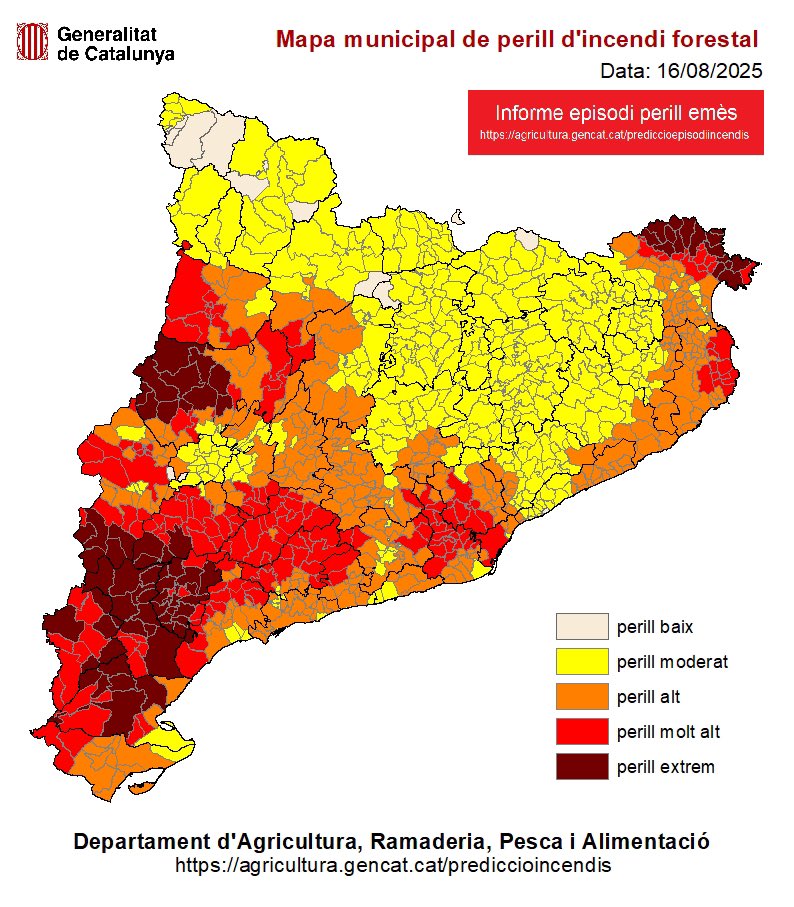 Informe d’episodi de perill d’incendis forestals emès i vigent fins dilluns. 

⚫️ 71 municipis estan en perill extrem
🔴 176 en perill molt alt 
🟠 308 en perill alt

Demà s'arriba al màxim de perill de l'episodi i d'enguany. Molta precaució.

Si veus foc o fum, truca al <a href="/112/">112</a>.