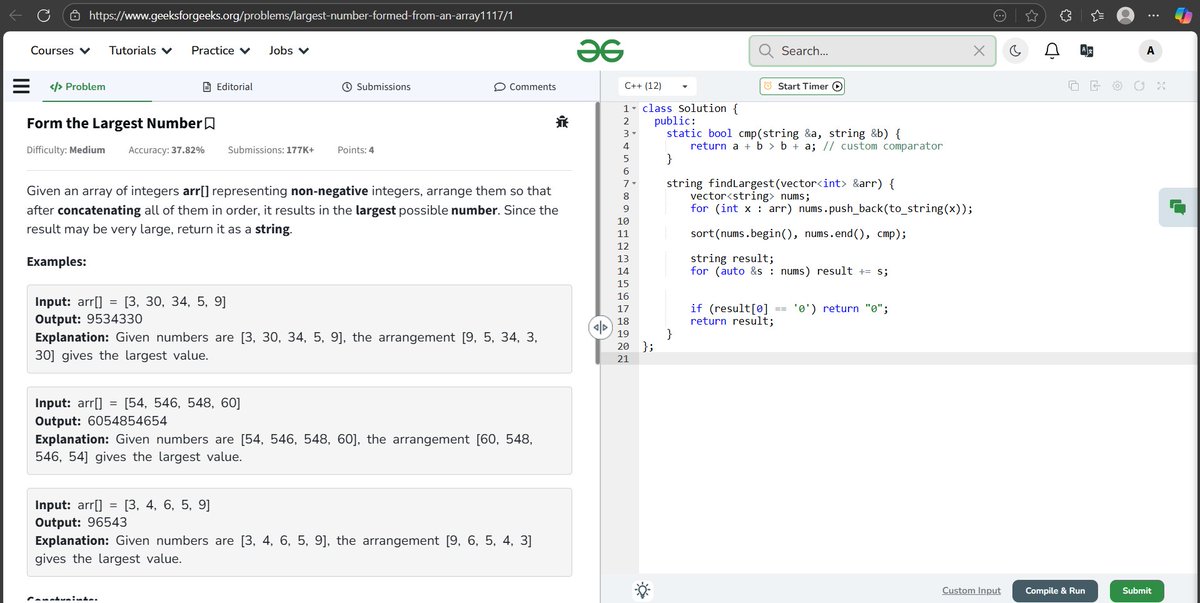 coding_yash's tweet image. Day 144            
Today’s Problem : Form the Largest Number  #geeksforgeeks #DSA #CodeEveryday #KeepCoding #GFG2025 #geekstreak2025 #gfg160challenge #gfg160
@geeksforgeeks