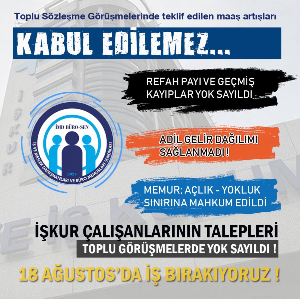 İMD BÜRO-SEN olarak emeği ve emekçiyi yok sayan bu yaklaşımı KABUL ETMİYORUZ!

✊ 18 Ağustos’ta tüm İŞKUR çalışanlarıyla birlikte iş bırakıyoruz!

❌ Refah payı ve geçmiş kayıplar görmezden gelindi
❌ Adil gelir dağılımı sağlanmadı
❌ Memurlar açlık ve yoksulluk sınırına mahkûm