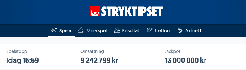 Stryktipset - 13 Miljoner Jackpott
Öppnat upp ett lag för dagens fina kupong
--> spelcash.se/go/spelspel