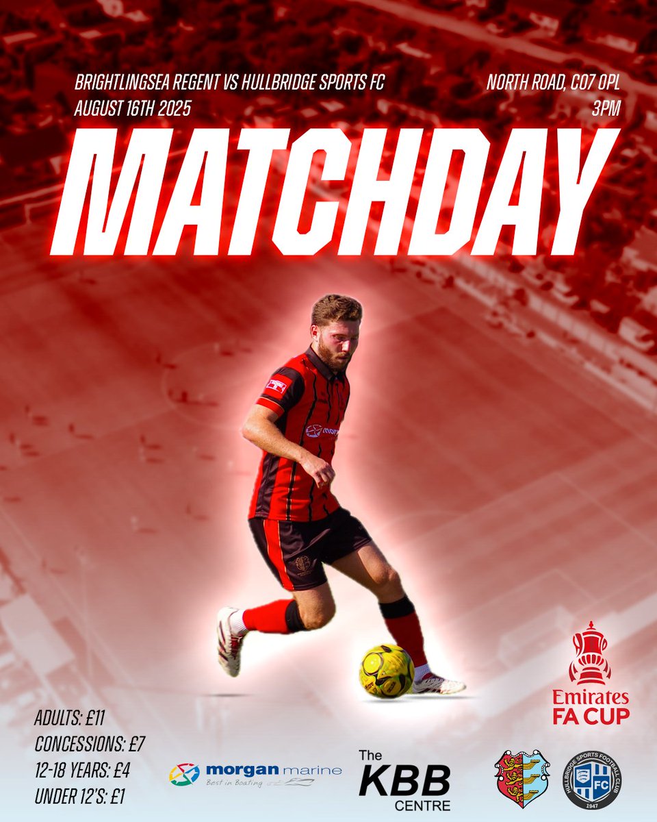 Brightlingsea Regent FC (@brightlingseafc) on Twitter photo MACTHDAY!
We kick off our @emiratesfacup campaign as we welcome <a href="/HullbridgeFC/">Hullbridge Sports FC</a> to North Road!
🏆 FA Cup
🏟️ North Road, CO7 0PL
⚽️ Hullbridge Sports
🎟️ £11 Adults | £7 Concessions | 12-18 Years: £4 | Under 12's: £1
COME ON YOU R'S! 🔴⚫️
#emiratesfacup #nonleague #isthmianleague MACTHDAY!
We kick off our @emiratesfacup campaign as we welcome <a href="/HullbridgeFC/">Hullbridge Sports FC</a> to North Road!
🏆 FA Cup
🏟️ North Road, CO7 0PL
⚽️ Hullbridge Sports
🎟️ £11 Adults | £7 Concessions | 12-18 Years: £4 | Under 12's: £1
COME ON YOU R'S! 🔴⚫️
#emiratesfacup #nonleague #isthmianleague