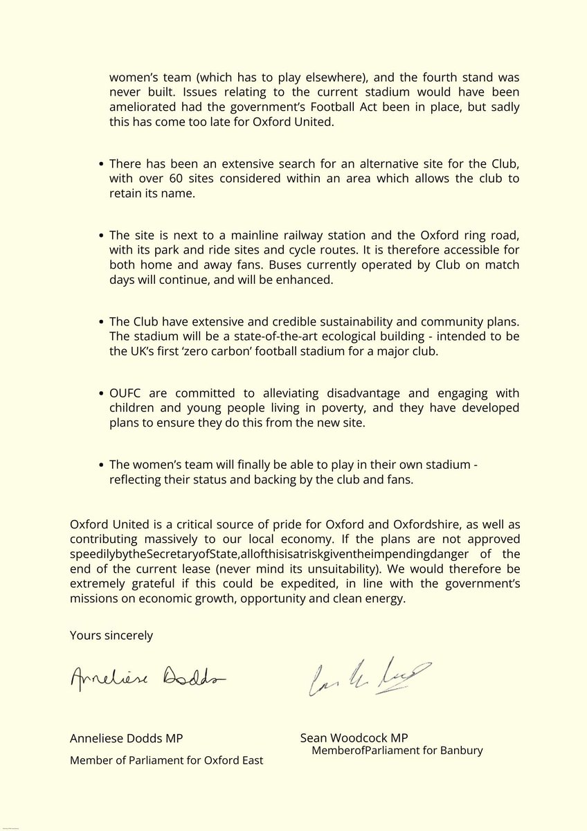 After Thursday's encouraging news that <a href="/OUFCOfficial/">Oxford United</a> have been granted planning permission for a new stadium, <a href="/SEANLWOODCOCK/">Sean Woodcock MP</a> and I have written to Angela Rayner to ask that this project gets approved as soon as possible. #OUFC