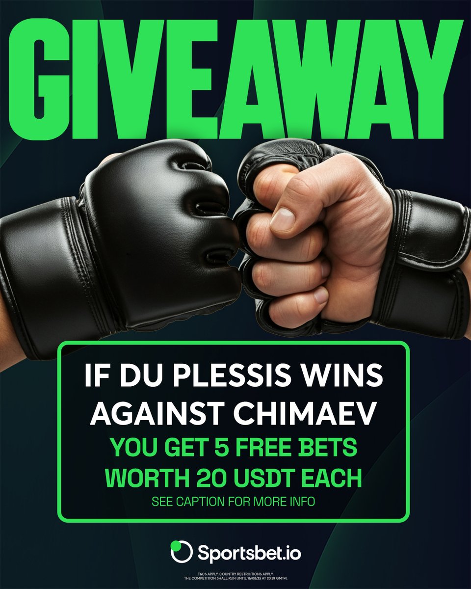 Sportsbetio's tweet image. 2️⃣0️⃣ USDT FREE BETS just for you 🚀

Here’s your chance to win a free bet during the #UFC319 🥊

If #DuPlessis wins we’ll give away 20 USDT to five random followers who drop their username in the comments!

🔗 sb88.io/signup

Winners announced on 18/08. T&amp;amp;Cs apply.