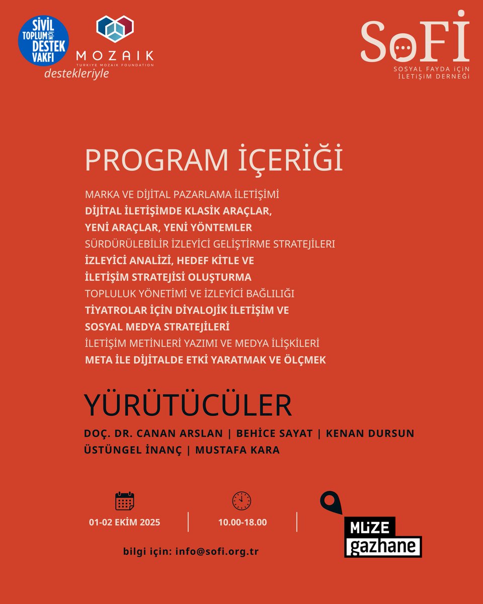 🎭 Tiyatro Sanatçılarına Çağrı!
01–02 Ekim’de Müze Gazhane’de buluşuyoruz!

İki gün boyunca dijital pazarlamadan medya ilişkilerine, izleyici geliştirmeden sosyal medya stratejilerine birçok konuyu ele alacağız.

Ayrıntılar için 👇
sofi.org.tr/atolye

<a href="/destekvakfi/">Sivil Toplum için Destek Vakfı</a>