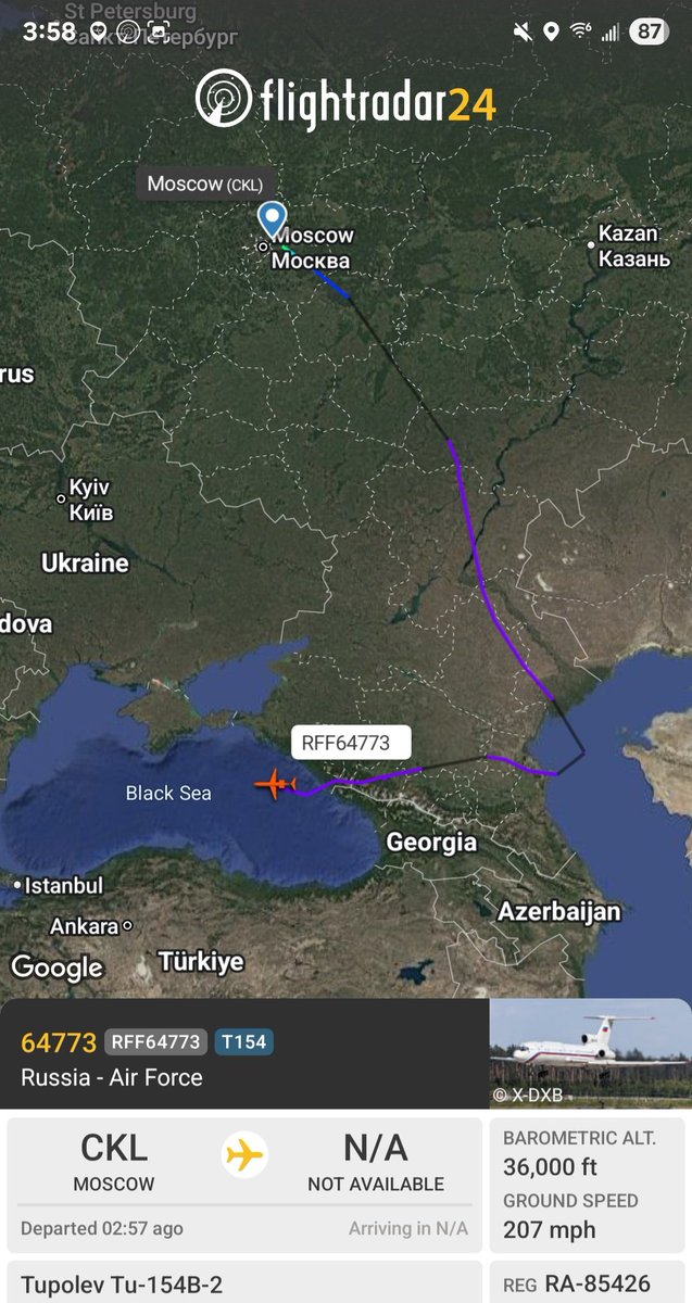 Borrowed7Time's tweet photo. Russian AF Tu-154B-2 RA-85426 #154DB2 as 64773 en route from Moscow (CKL) to Crimea.
@sipjack1776 @thereccelizard @holgidaun @RBbethetruth https://t.co/AzB1FtK0AS