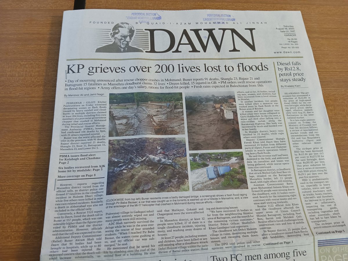 KP grieves over 200 lives lost to floods, report published on the front page of the Dawn.com. 
<a href="/jamilnagri/">Jamil Nagri</a>
