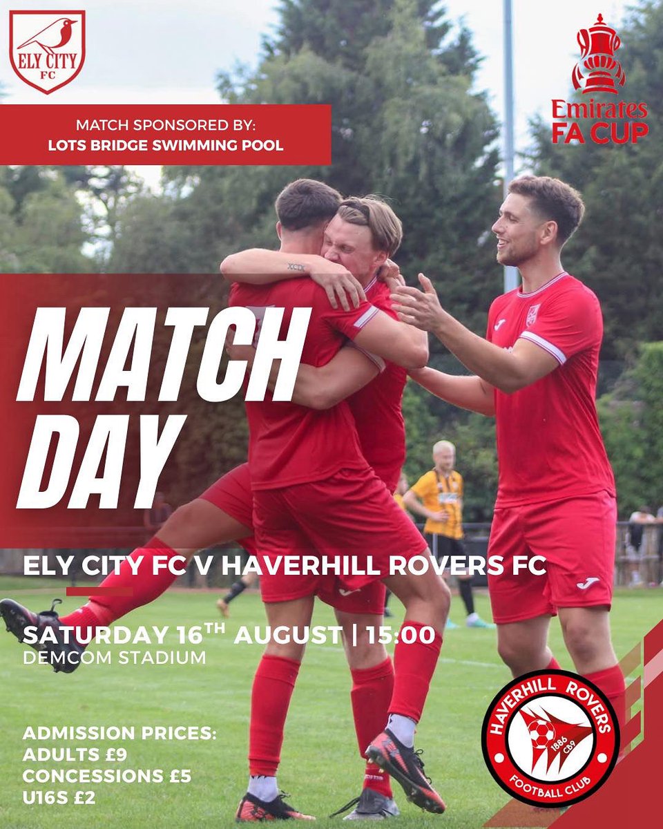 Ely City FC (@elycityfc) on Twitter photo It’s Matchday, it’s <a href="/EmiratesFACup/">Emirates FA Cup</a> Action!🏆
It’s <a href="/HaverhillRovers/">Haverhill Rovers</a> in the Prelim Round at the <a href="/DEMCOM_UK/">DEMCOM</a> Stadium.
A rejuvenated Rovers v undefeated Robins- a Cup show down!
⏰ 3:00 PM
📍 Demcom Stadium
🎟
Adults: £9
Concessions: £5
U16: £2
#UpTheRobins #EmiratesFACup #OneClub It’s Matchday, it’s <a href="/EmiratesFACup/">Emirates FA Cup</a> Action!🏆
It’s <a href="/HaverhillRovers/">Haverhill Rovers</a> in the Prelim Round at the <a href="/DEMCOM_UK/">DEMCOM</a> Stadium.
A rejuvenated Rovers v undefeated Robins- a Cup show down!
⏰ 3:00 PM
📍 Demcom Stadium
🎟
Adults: £9
Concessions: £5
U16: £2
#UpTheRobins #EmiratesFACup #OneClub
