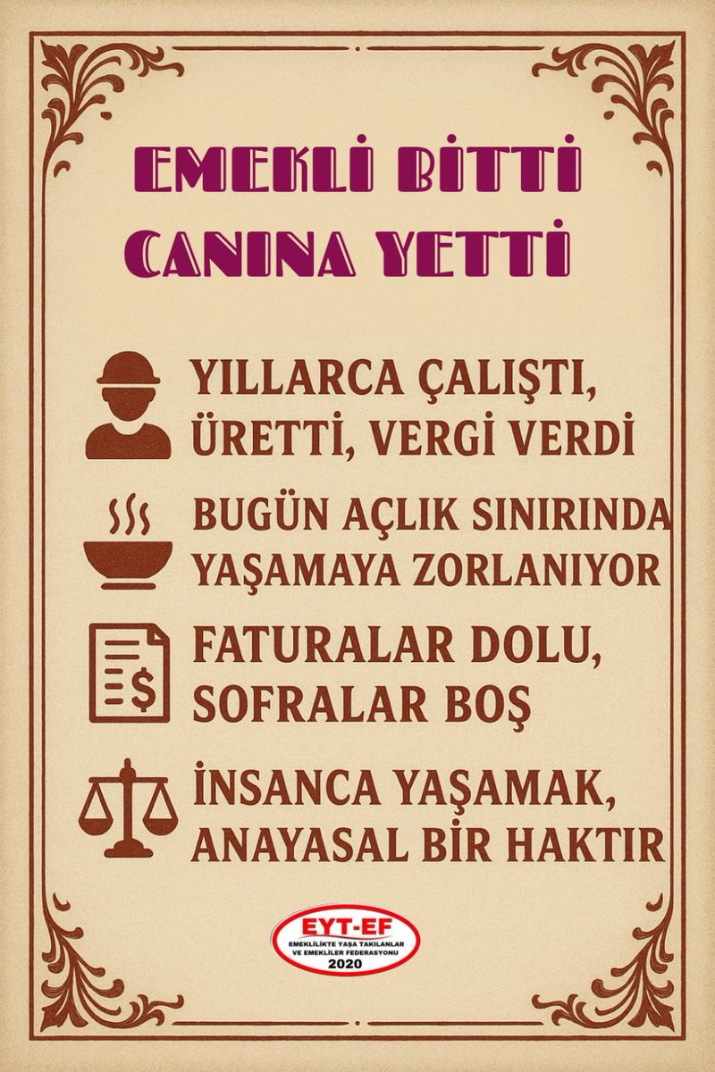 #Emekli yıllarca çalıştı.
Ülkesine ömür verdi.

Şimdi pazara çıkmaya utanır,
Faturalarla boğulur,
İlaç parasını sayar oldu.

Sadaka değil !
Emeğinin hakkını, 
Onurlu ve insanca yaşamayı istiyor

#EmekliBittiCanınaYetti
#5000KısmininCanınaTakEtti
<a href="/RTErdogan/">Recep Tayyip Erdoğan</a> 
<a href="/isikhanvedat/">Prof. Dr. Vedat Işıkhan</a>
<a href="/Akparti/">AK Parti</a>