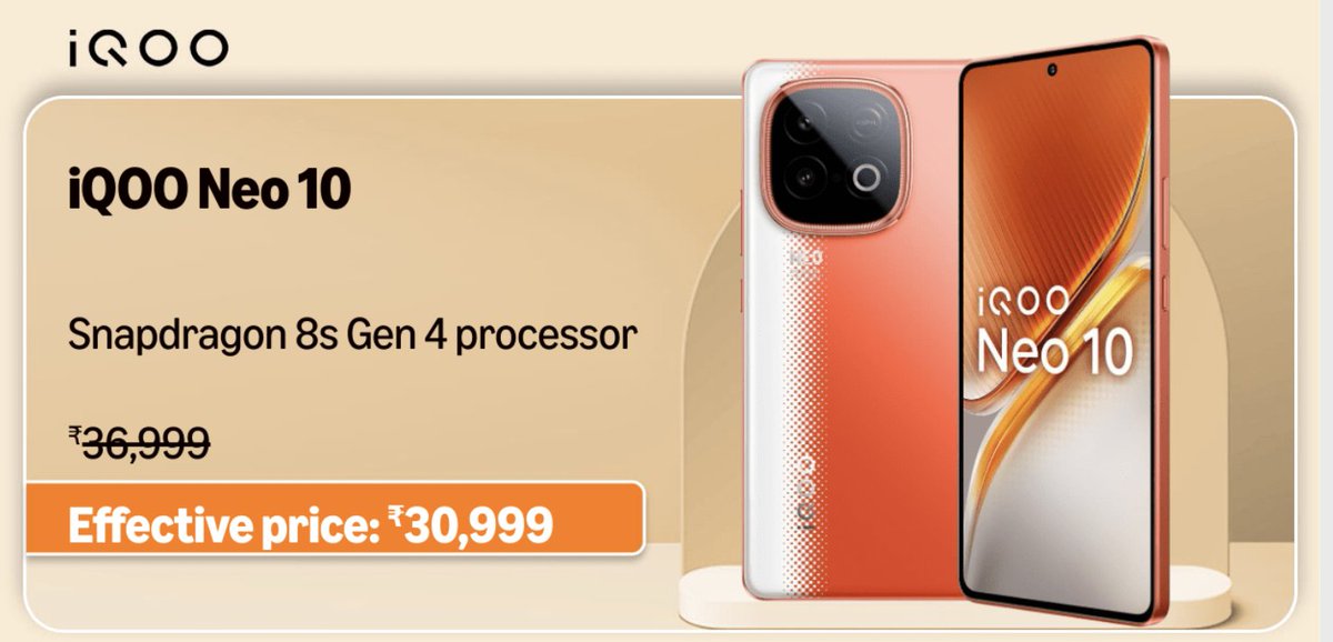 DealsBuckets's tweet image. iQOO Neo 10 – Power Meets Performance!
Equipped with Snapdragon 8s Gen 4 for blazing speed &amp;amp; gaming excellence.
Now at an effective price of just ₹30,999 (₹36,999 MRP).
#iQOONeo10 #PowerPerformance #NextLevelSpeed
#Janmashtami 

amzn.to/47w8Sqo