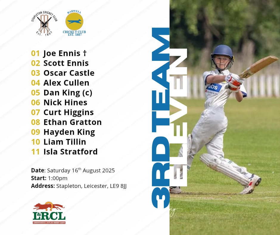 ** L&amp;RCL 2025 - Match Week 18 **

📅 Saturday 16th August 2025
🕐 1pm Start 

1️⃣ XI
Barwell CC 🆚 Loughborough Carillon

2️⃣ XI
Bardon Hill CC 🆚 Barwell CC

3️⃣ XI
Stapleton CC 🆚 Barwell CC
 
barwell.play-cricket.com/Matches?tab=We…

Photos by Tim Armstrong Photography 📸