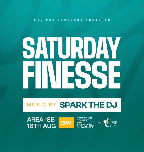 Vardy_thee_goat's tweet photo. SATURDAY FINESSE is happening today at @Eclipse_bar18
From: 2PM
MUSIC BY
Spark The Dj
When we are done today we go again on Sunday for SUPER SUNDAY🫡 only at Eclipse📍
Shisha will be available‼️
#SuperSunday
#saturdayfinesse
#eclipsebar https://t.co/qQHZvb1MUP