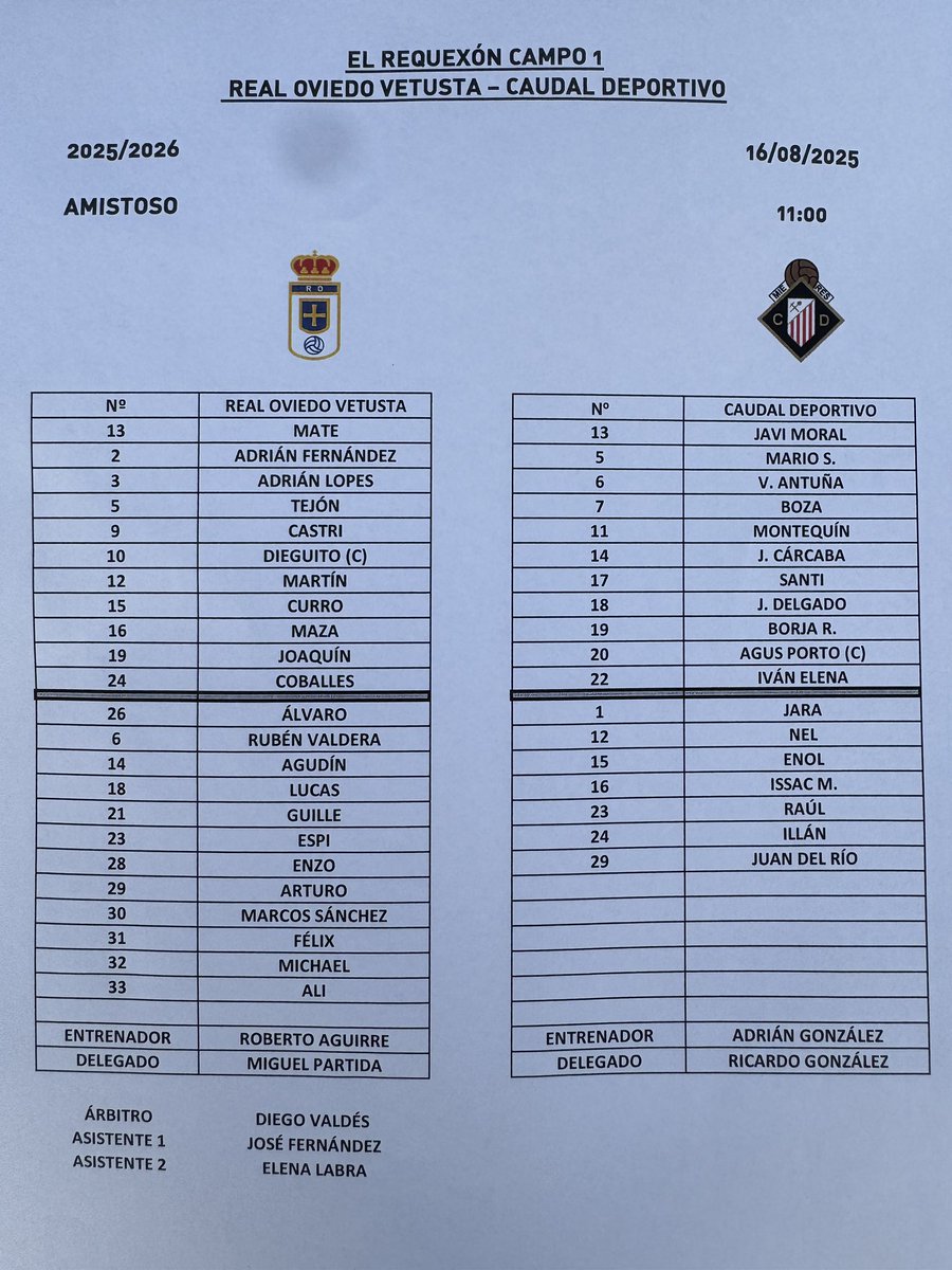 Caudal Deportivo (@caudaldemieres) on Twitter photo ALINEACIONES
Amistoso - Temporada 2025-2026
🆚 <a href="/RealOviedo/">Real Oviedo</a> Vetusta
🗓️ sábado 16/08/2025
🕖 11:00
🏟️ El Requexón
✈️ Oviedo
#PretemporadaCaudalista
#ViveUnSueño #VivamosloJuntos ALINEACIONES
Amistoso - Temporada 2025-2026
🆚 <a href="/RealOviedo/">Real Oviedo</a> Vetusta
🗓️ sábado 16/08/2025
🕖 11:00
🏟️ El Requexón
✈️ Oviedo
#PretemporadaCaudalista
#ViveUnSueño #VivamosloJuntos