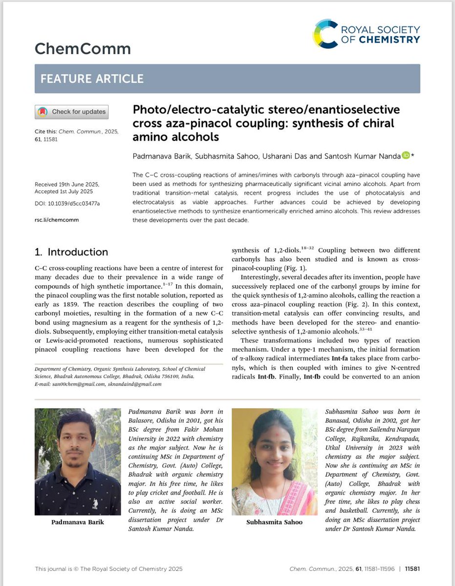 Bhadrak Autonomous College, Bhadrak (@bdkautoclg1948) on Twitter photo The college congratulates Dr. Santosh (<a href="/Santoshknanda87/">Santosh Kumar Nanda</a>) from the Department of Chemistry on his publication in Chemical Communications. We are thankful to <a href="/DHE_Odisha/">Higher Education Department, Govt. of Odisha 🇮🇳</a> for the funding under MRIP-2025 and <a href="/chembdk/">Department of Chemistry, Bhadrak Auto. College</a> for the facility.
Link: doi.org/10.1039/D5CC03… The college congratulates Dr. Santosh (<a href="/Santoshknanda87/">Santosh Kumar Nanda</a>) from the Department of Chemistry on his publication in Chemical Communications. We are thankful to <a href="/DHE_Odisha/">Higher Education Department, Govt. of Odisha 🇮🇳</a> for the funding under MRIP-2025 and <a href="/chembdk/">Department of Chemistry, Bhadrak Auto. College</a> for the facility.
Link: doi.org/10.1039/D5CC03…
