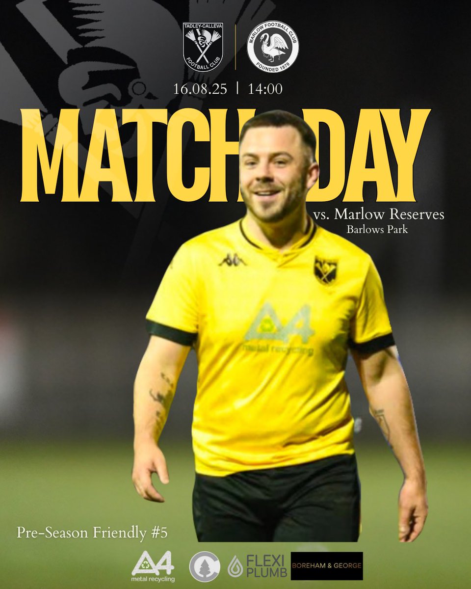 Tadley-Calleva Reserves (@tcfc_a) on Twitter photo 𝙈𝙖𝙩𝙘𝙝𝙙𝙖𝙮
PRE-SEASON 5️⃣
vs. <a href="/MarlowFC/">Marlow Football Club</a> Reserves
📍 Barlows Park
🕰️ 14:00
Cam George sponsored by Boreham & George 𝙈𝙖𝙩𝙘𝙝𝙙𝙖𝙮
PRE-SEASON 5️⃣
vs. <a href="/MarlowFC/">Marlow Football Club</a> Reserves
📍 Barlows Park
🕰️ 14:00
Cam George sponsored by Boreham & George